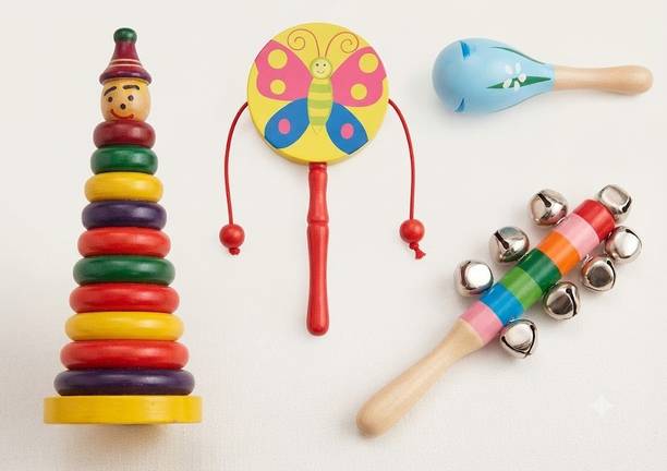 Woodlebee Traditional Wooden Infant Stacking & Musical Rattle Toy Set Rattle