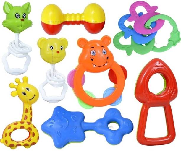 Mayne Attractive Set of 8 Pcs Rattles and Teether with Shape Bath Toys (8PC Rattle) Rattle