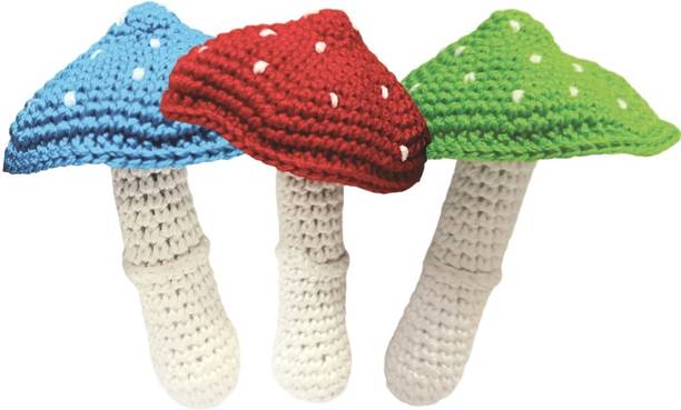 क्लैपजॉय Crochet Mushroom Teether Toy Pack of 3(Red, Blue, Green) for kids | Handmade रैटल