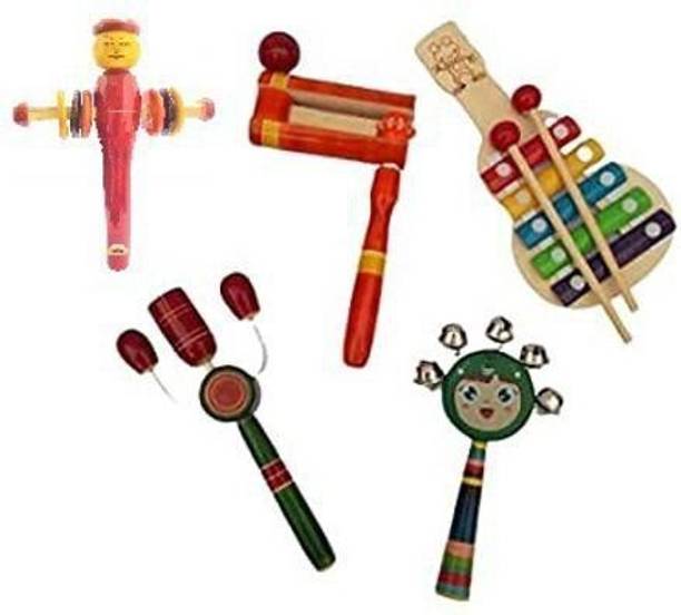 KAARPAAGAA INC Handmade Wooden Toys for Kids Baby Rattle Wooden Musical Toys - Set of 5- Multi Color Rattle