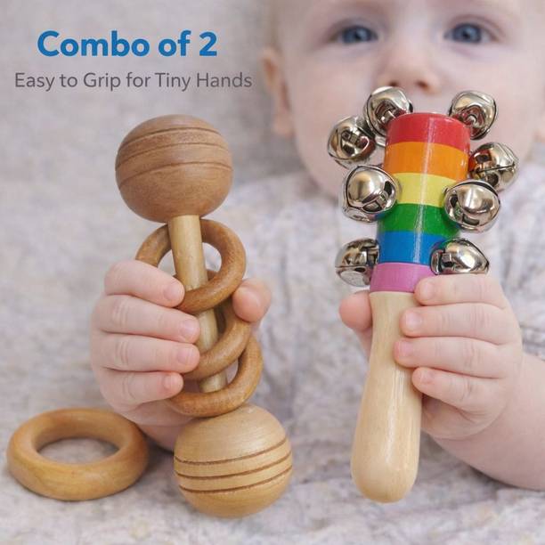 Pankhudi Craft Neem Wooden Dumble Rattle & Jingle Rattle - Natural Teether Toy for Newborn Rattle