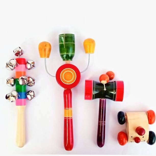 Rainbowstore Delightful Wooden Rattles: 4-Piece Pack for Engaging Baby Play Rattle