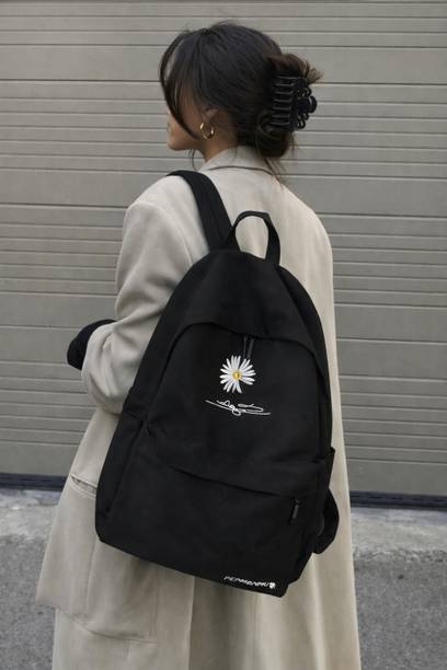 UNBstore Black Backpack with Daisy Flower Design for College Girl 15 L बैकपैक