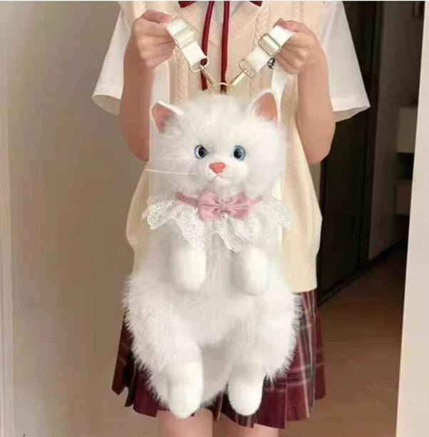 bellechic Cute Plush Cat Backpack with Meow Sound Button Soft School Bag,Party,Office 5 L Backpack