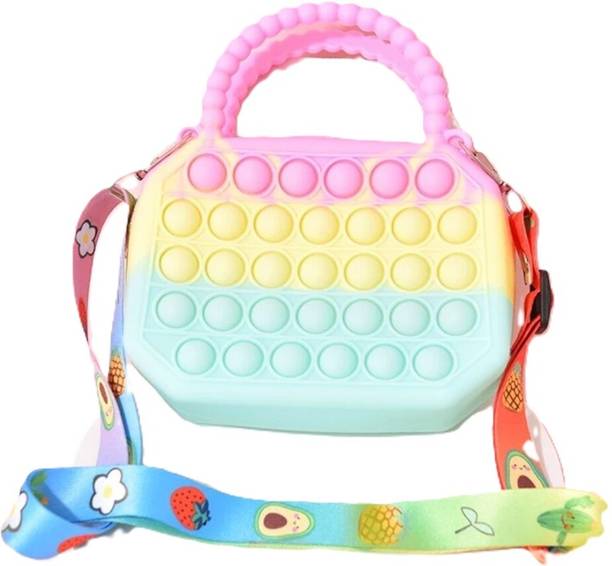 RSE COLLECTION Kids Pop It Sling Bag, Rainbow Silicone Fidget Purse with Handle and Strap Waterproof Sling Bag