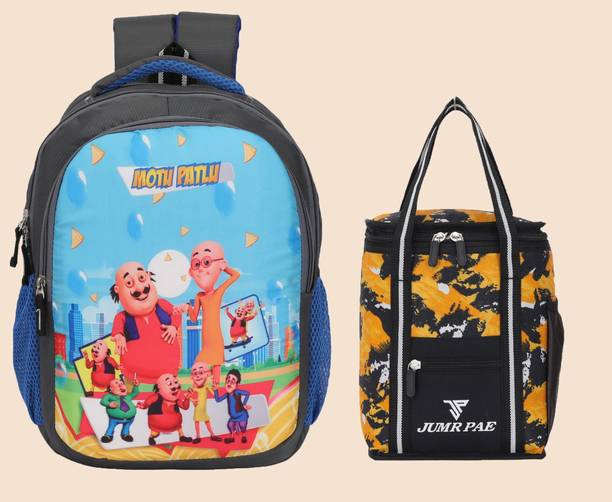 JUMRPAE Combo Of LunchBag & MotuPatlu Printed Backpack (NUR-2nd Class)(BAG01+LBAG02ORG) Waterproof School Bag