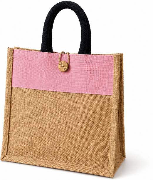 Jute Tote Bag for Women | Reusable Shopping Bag with Button Loop Closure | Pink Waterproof Multipurpose Bag