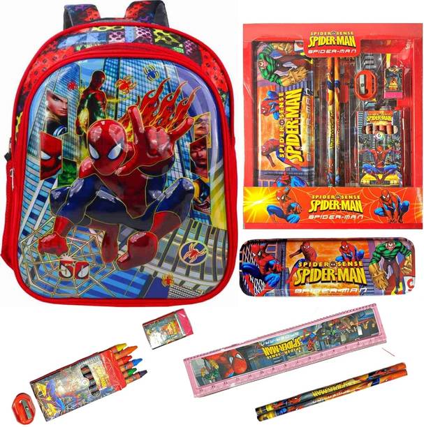 Prezzie Villa 8pcs Spiderman Bag Pencil Box, Pencil, Crayons, Eraser, Ruler Sharpener Combo Waterproof Backpack