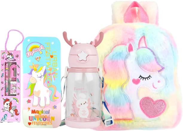 Urban Festivities Unicorn Bag Combo For Girls Geometry Box,Horn Bottle For Kids Gift For Kids Waterproof School Bag