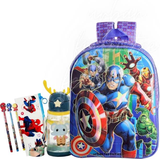 Urban Festivities Superhero School Bag For Boys With Folding Bottle Pencil Calculator Box For Kids Waterproof School Bag