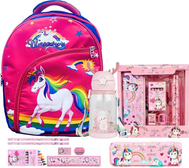 Urban Festivities Unicorn School Bag Combo Set for Girls with water bottle & stationery gift Waterproof Backpack