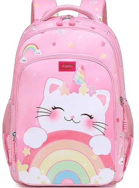 Frantic Printed Kids School Bag for (RR_Pink_Rainbow_Cat_25_M) Waterproof Backpack