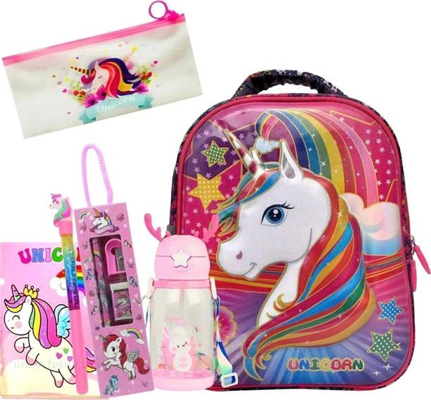 Urban Festivities Unicorn with Bottle Pouch Pen Pencil Diary Stationery Set Waterproof School Bag