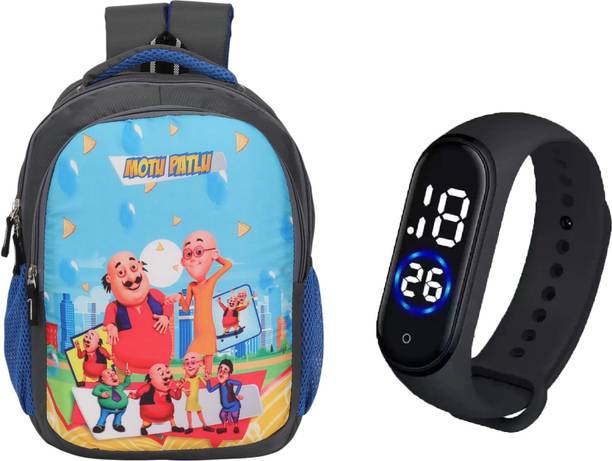 JUMRPAE Digital LED Kid Watch & MotuPatlu Printed Backpack (NUR-2nd Class)(BAG01WCH80BK) Waterproof School Bag