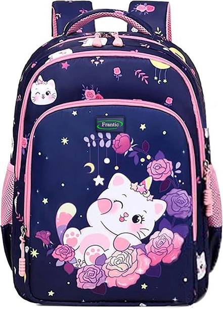 Frantic Printed Kids School Bag for Daily Use(R_Blue_Flower_Cat_25_1M) Waterproof Backpack