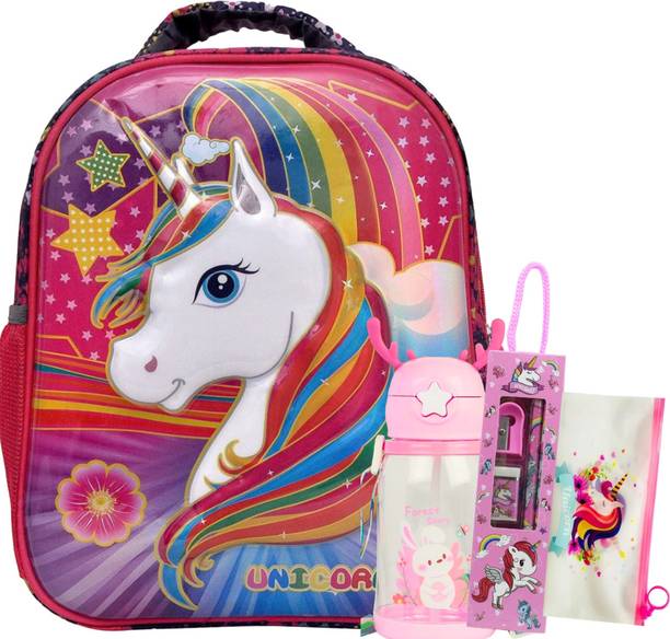 Urban Festivities Unicorn with Bottle Pouch Pen Pencil Diary Stationery Set Waterproof School Bag