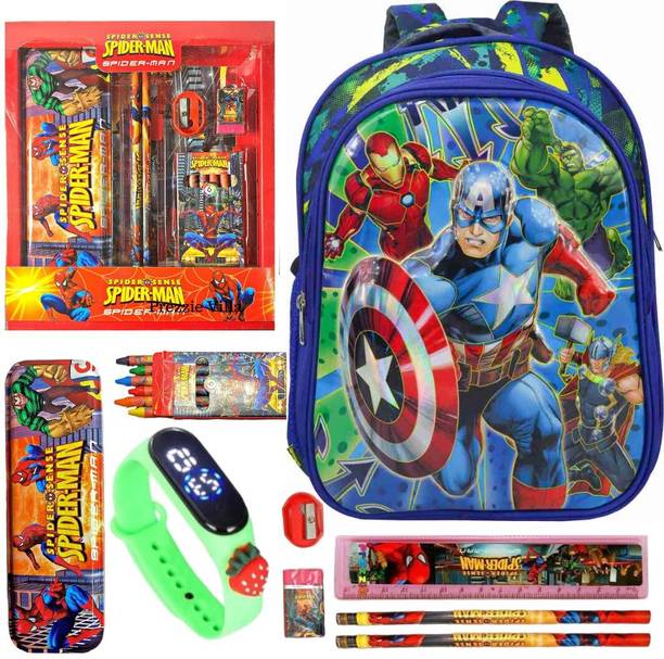 Prezzie Villa 9pcs Avengers Bag Watch Pencil Box, Pencil, Crayons, Eraser, Ruler Sharpener Set Waterproof Backpack