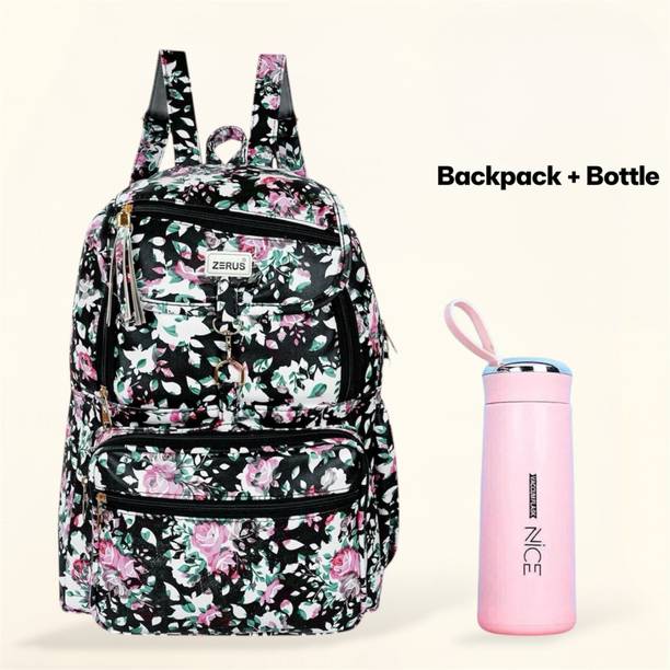 ZERUS Floral Print Pu Leather Girls School College Travel Bag Stylish Multipurpose Waterproof Backpack