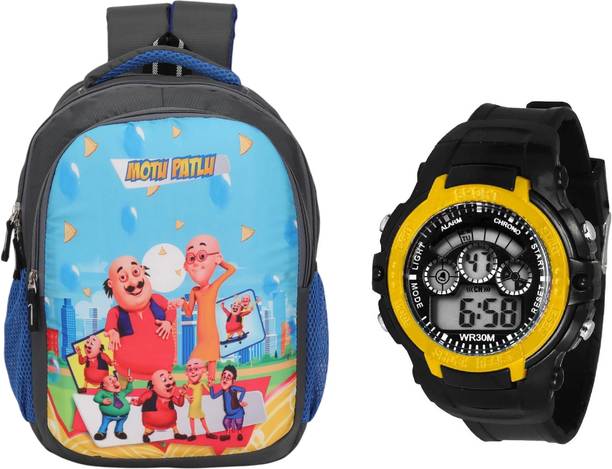 JUMRPAE Digital LED Kid Watch & MotuPatlu Printed Backpack (NUR-2nd Class)(BAG01WCH42) Waterproof School Bag