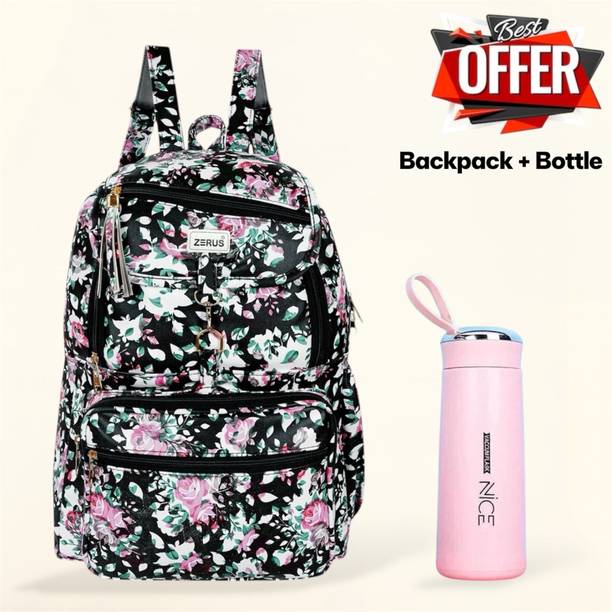 ZERUS Floral Print Pu Leather Girls School College Travel Bag Stylish Multipurpose Waterproof Backpack