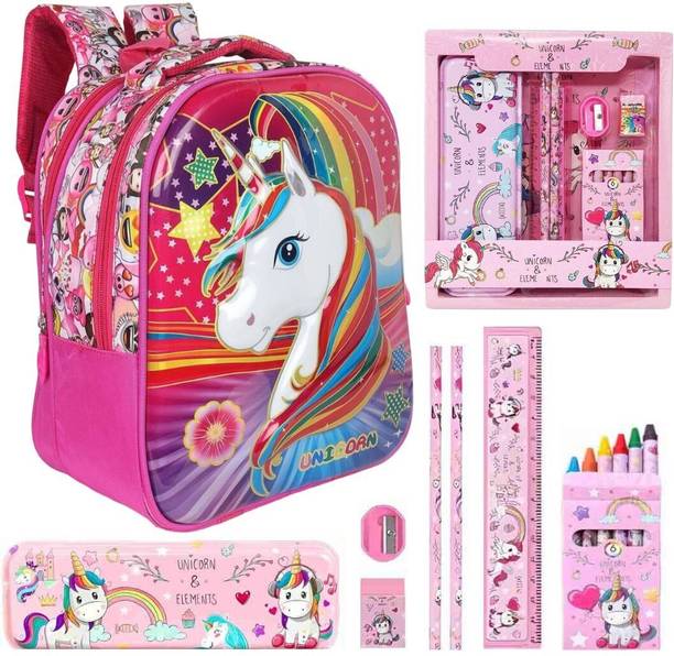 Prezzie Villa 8pcs Unicorn Backpack Box, Pencil, Eraser, Ruler Sharpener, Crayons Combo Waterproof Backpack