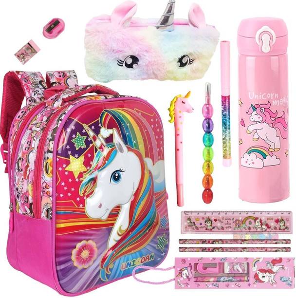 Prezzie Villa 11 pcs Unicorn Backpack Pouch, Pencil, Pens, Eraser, Ruler Sharpener, Bottle Waterproof Backpack