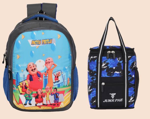 JUMRPAE Combo Of LunchBag & MotuPatlu Printed Backpack (NUR-2nd Class)(BAG01+LBAG02BL) Waterproof School Bag