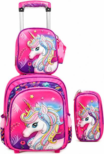 Kesari Nandan Unicorn Kids Trolley School Bag Set with Lunch Bag – Pink Rolling Backpack. Waterproof School Bag
