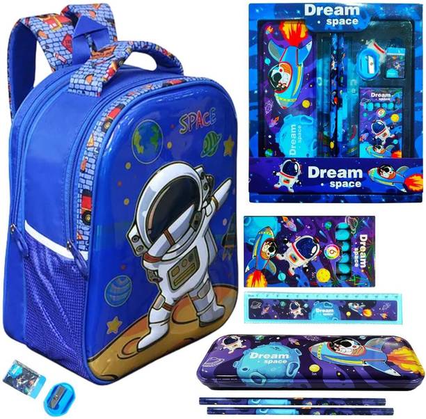 Prezzie Villa 8pcs Space Bagpack Combo Pencil Box, Pencil, Crayons, Eraser, Ruler Sharpener Waterproof Backpack
