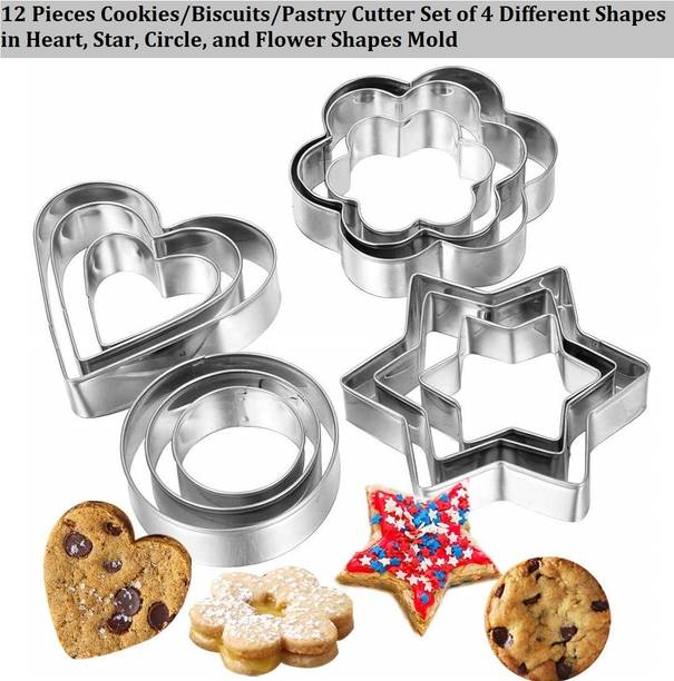 ZIRAK Stainless Steel 12 pcs Cookies/Biscuits/Pastry Cutter Set of 4 Different Shapes Cookie Cutter