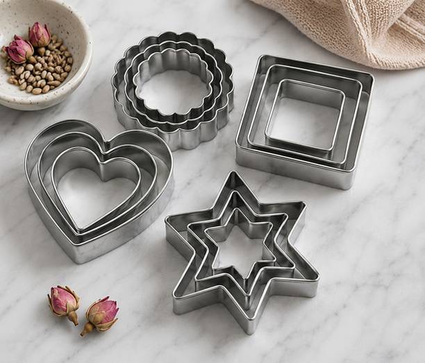 kaif Stainless Steel Cookie Cutter | 12 Cut Pieces | Heart, Star, Flower & Square Cookie Cutter