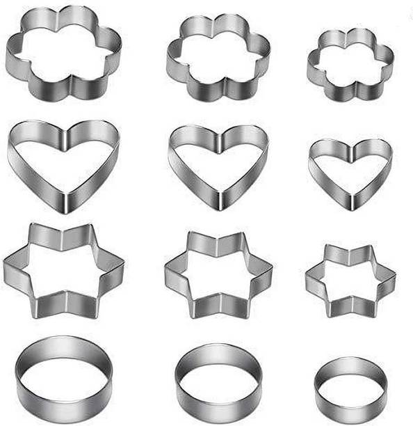 chopvio Cookie Cutter 12 Pcs Set Pastry Fruit Molds Stainless Steel Heart Flower Round Star Biscuit Mould Fondant Cutting Cutters With 4 Shape, Pieces Piece Cutter, Metal Cake Vegetable Set, Hearts Flowers Stars Silver (Pack of 12) Cookie Cutter