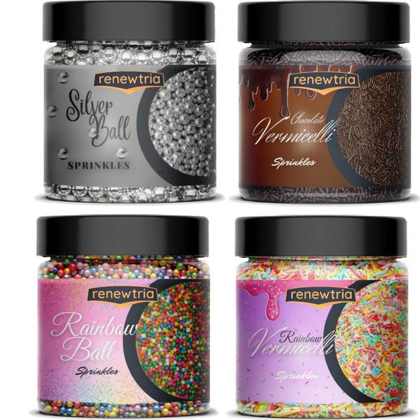 RENEWTRIA Combo of Rainbow + Chocolate Vermicelli & Rainbow + Silver Balls | 80 GRAM EACH Sprinkles