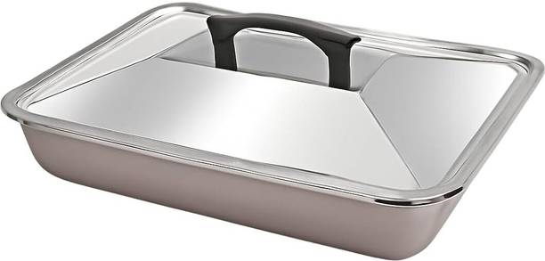 Lexara Stainless Steel Rectangular Serving Tray with Lid | Buffet & Kitchen Use Dutch Oven with Lid 2 L capacity 31 cm diameter