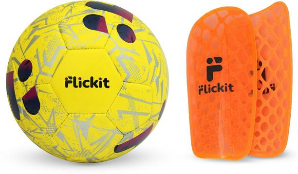 Flickit Smart Football+Pro Hex Shin Guard (M) Combo with AI App Tracking |For Ages 8-12| Football - Size: 4