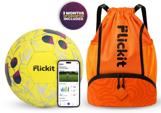 Flickit Sports Combo-Orange Drawstring Bag & Smart-Football with AI App (Ages 13+) Football - Size: 5