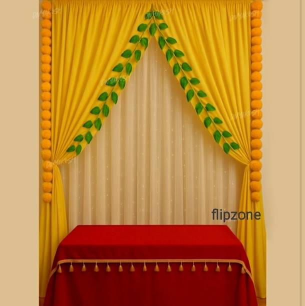 FLIPZONE Printed Haldi & Pooja Backdrop Decoration Yellow & White Net Cloth with Lights Balloon