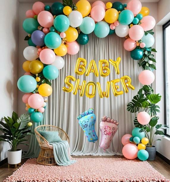 ARV Solid Baby Shower Decoration Items Set with Balloon, Net Curtain Balloon