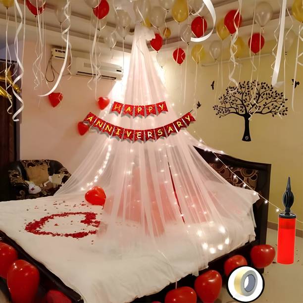 Balloon and you Solid Happy Anniversary Cabana, Net Decoration Combo With Pump & Balloon