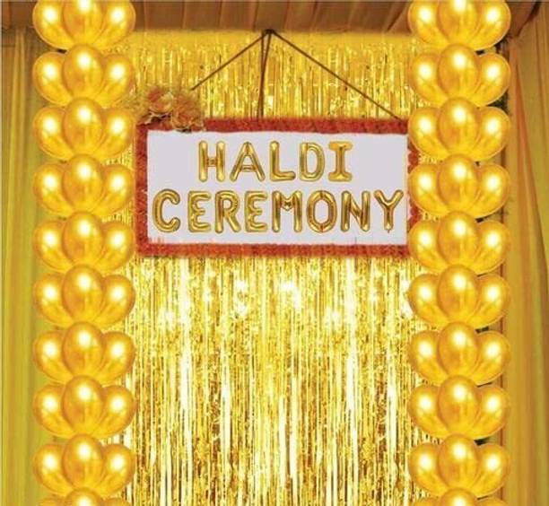 LOONS PEDDLER Solid Haldi Ceremony Decoration Kit with Haldi Ceremony Foil, Curtains & Gold Balloons Balloon