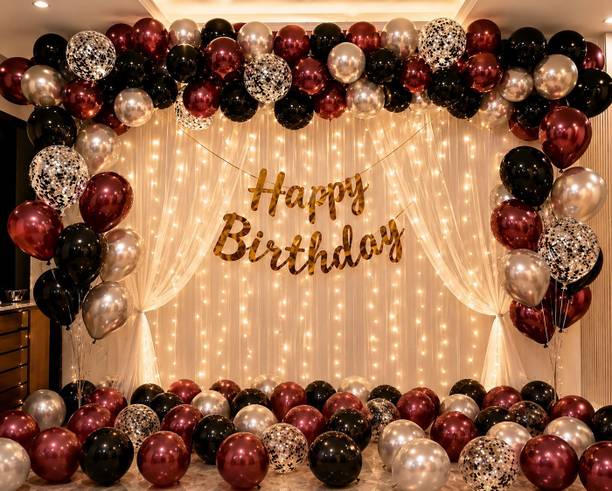 tigorik Solid Happy Birthday Rosegold Banner Decoration Set 55 Pcs Balloon