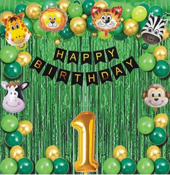 FLIPZONE Printed Jungle Theme 1st/First Happy Birthday Party Decoration Combo (Set of 52) Balloon