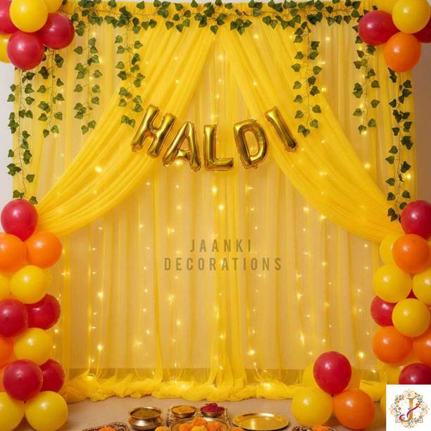 JAANKI DECORATIONS Solid Haldi Ceremony decoration backdrop curtain and Balloon
