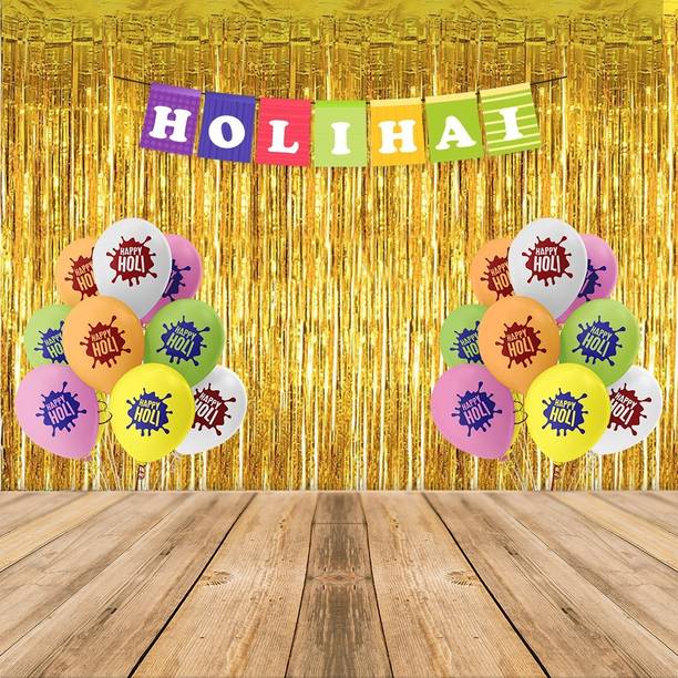 TMB Store Printed Holi Combo Kit 30pcs of Multicolor Balloon 2 Curtain and 1 Banner For Holi Decor Balloon