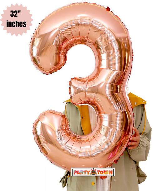 PartyTown Solid 32'' inches Rose gold "3" Number helium foil balloons for Birthday Balloon