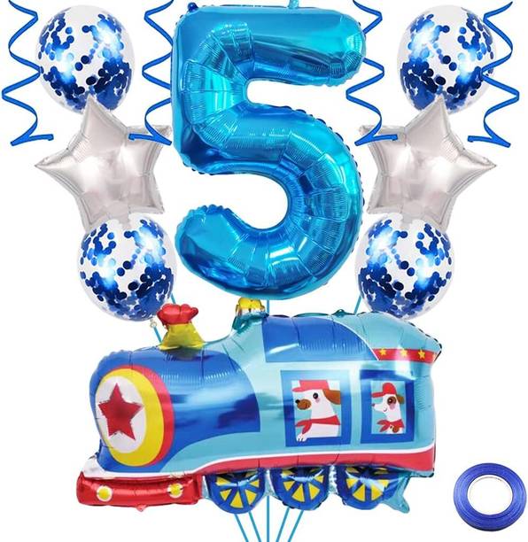 Bash N Splash Printed Helium Quality Train Transport Theme 5th Birthday Blue Foil Balloons Balloon Bouquet