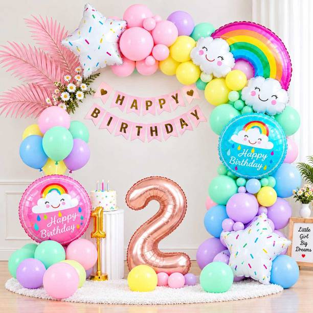 PopTheParty Printed Rainbow Cloud Theme Second Birthday Pastel Balloons Decoration Kit For Baby Balloon Bouquet