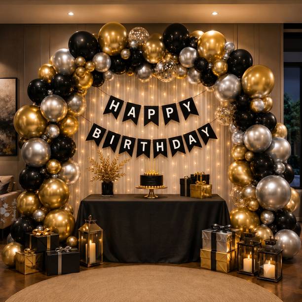 Balloon and you Solid Gold Black Silver Birthday Decoration Kit With Net Curtain