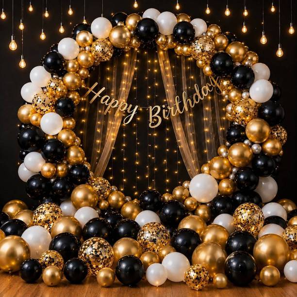 tigorik Solid Happy Birthday Gold Black White Balloons Set 54 pcs Balloon