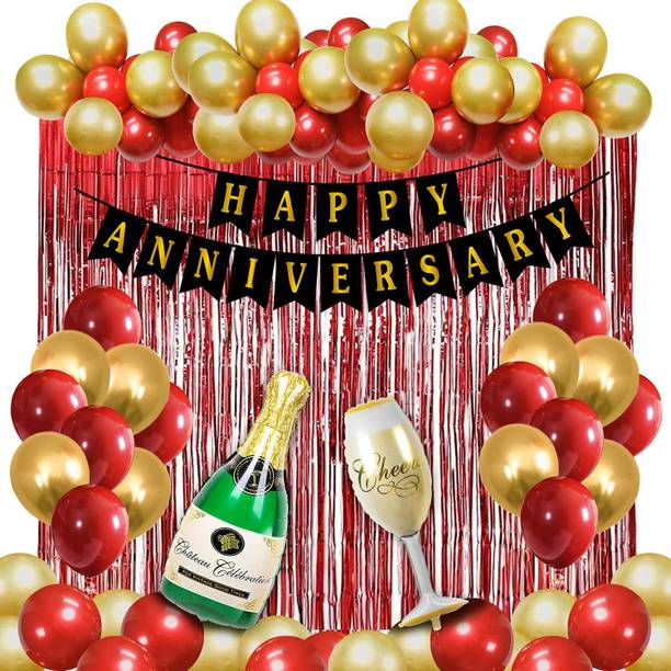 रियलिस्टिक स्टोर सॉलिड Happy Anniversary Banner Combo with Foil Curtain , Champagne Foil , Metallic Balloon & Curling Ribbon for Anniversary Party Decorations / Wedding Anniversary Decoration Items लेटर बैलून